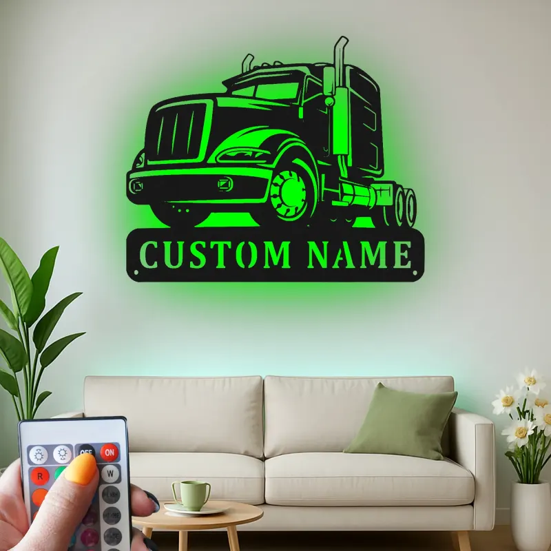 Personalized Trucker Sign with LED | Custom Semi Truck Metal Wall Art | Big Rig Decor for Man Cave, Garage | Gift for Husband