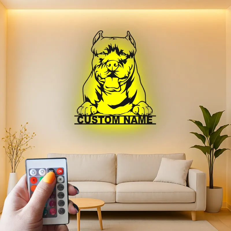 Custom Pit Bull LED Metal Sign | Personalized Dog Silhouette Decor | Pet Memorial Wall Art | Unique Gift for Dog Lovers