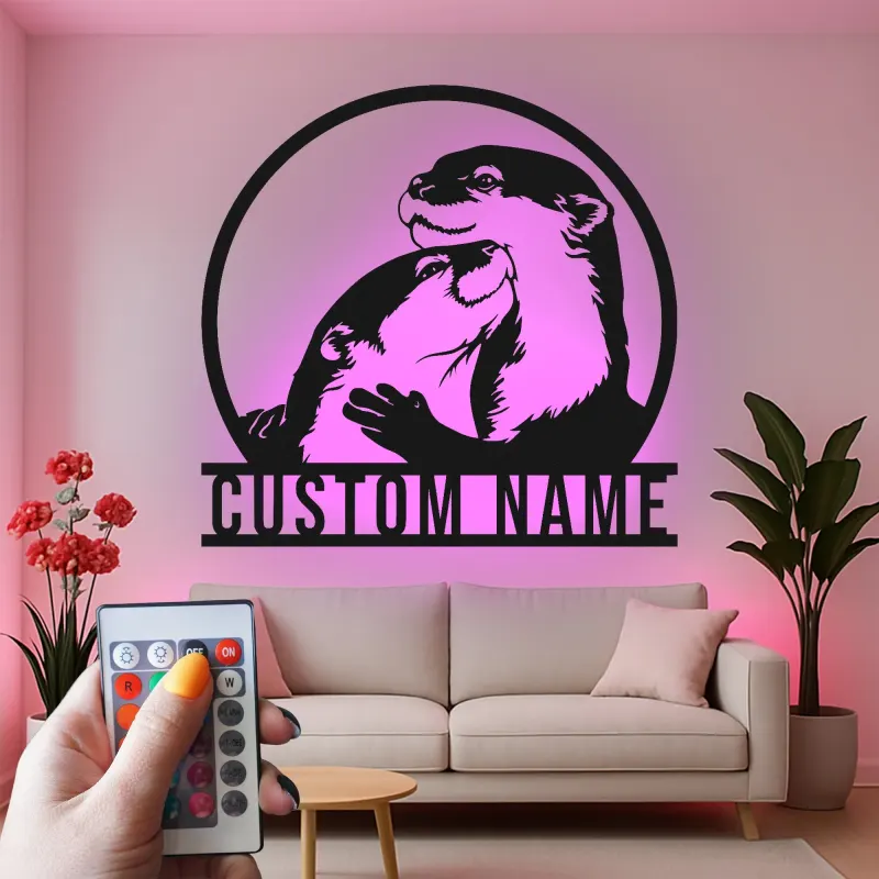Insegna LED personalizzata con lontra | Arte murale in metallo personalizzata per nursery | Decorazione silhouette animale selvatico | Regalo per amante delle lontre
