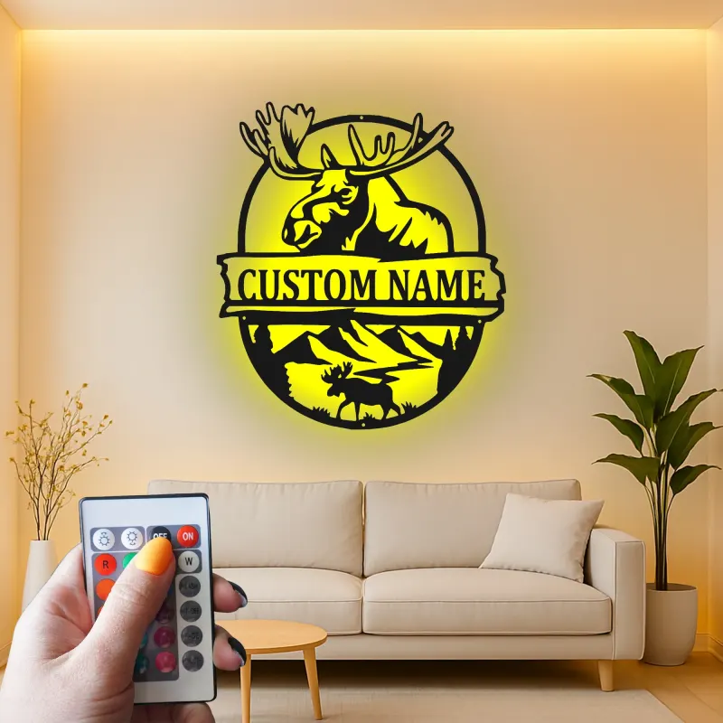 Custom Moose Led Light Metal Wall Art Personalized Gift for Nature Lovers Cabin Decor with Mountain Scene