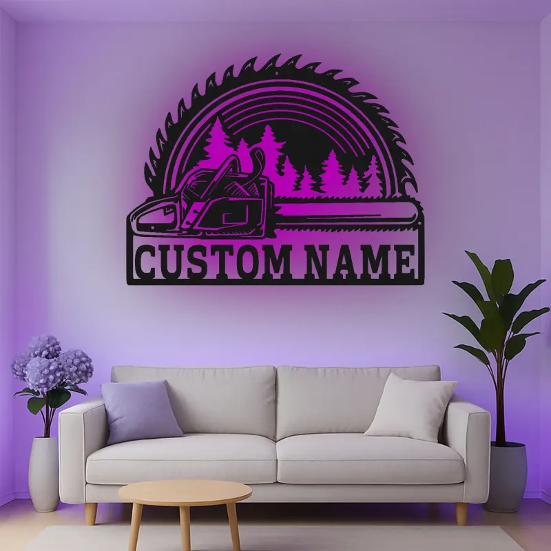 Cartel de metal personalizado de motosierra y hoja de sierra con luz LED regalo para leñador o carpintero decoración de taller