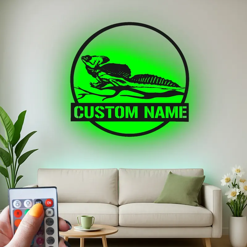 Insegna LED in metallo con lucertola dal collare | Arte murale personalizzata con nome per rettili | Decorazione con sagoma animale esotico per casa e attività