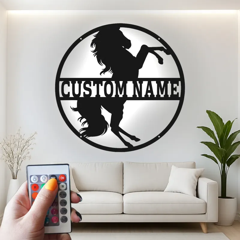 Plaque cheval en métal personnalisée | Décoration murale LED sur mesure pour grange et écurie | Cadeau équestre