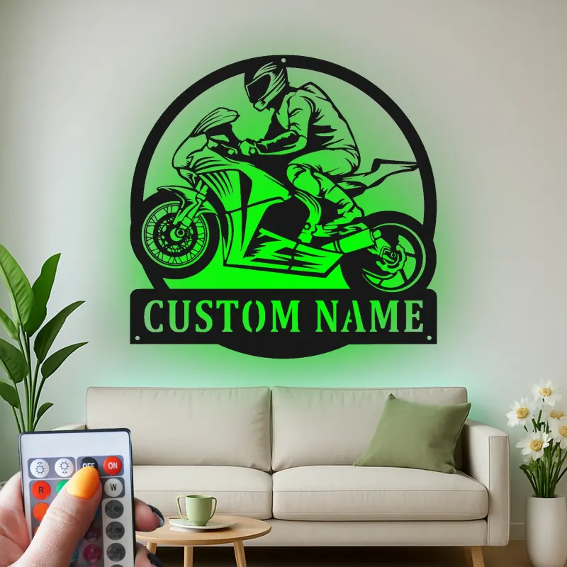 Décoration murale en métal LED personnalisée pour coureur de moto - Cadeau pour motards, décoration de garage ou de man cave
