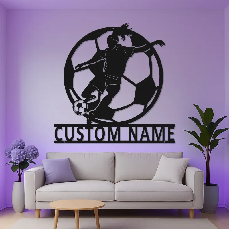 Arte mural LED de metal de jugadora de fútbol femenina personalizada | Cartel de nombre de atleta personalizado | Regalo de decoración para habitación de chicas | Luz de silueta de fútbol