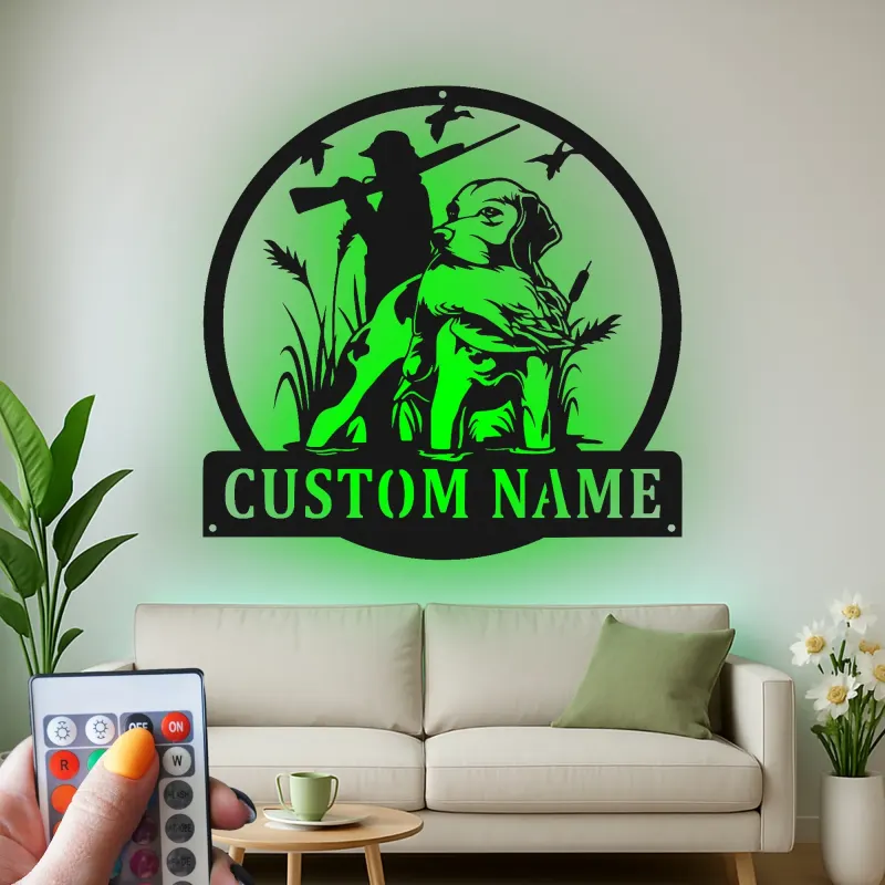 Custom Hunting Dog LED Metal Wall Art | Personalized Labrador Retriever Sign | Hunter Gift for Man Cave Decor | Duck Hunting Silhouette
