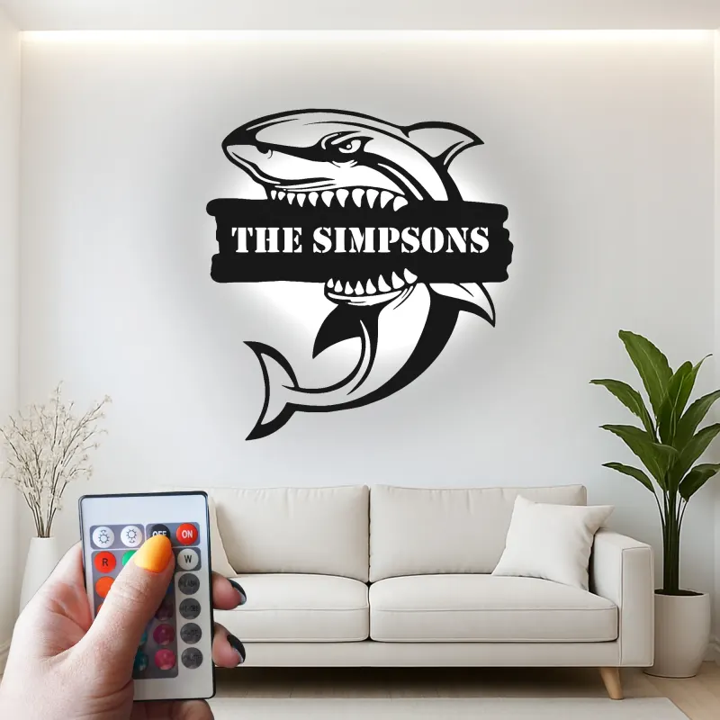 Panneau en métal LED requin personnalisé | Art mural de nom personnalisé | Décor nautique féroce | Cadeau pour chambre d'enfant et maison de plage