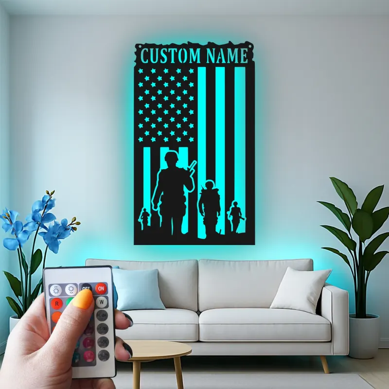 Personalized Soldier Metal Flag | Custom Army Name Sign for Veteran | Patriotic LED Wall Art & Military Decor