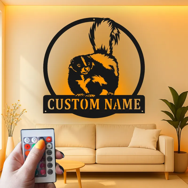 Custom Skunk Metal Wall Art | Personalized LED Name Sign for Cabin & Lodge | Realistic Wildlife Silhouette Decor