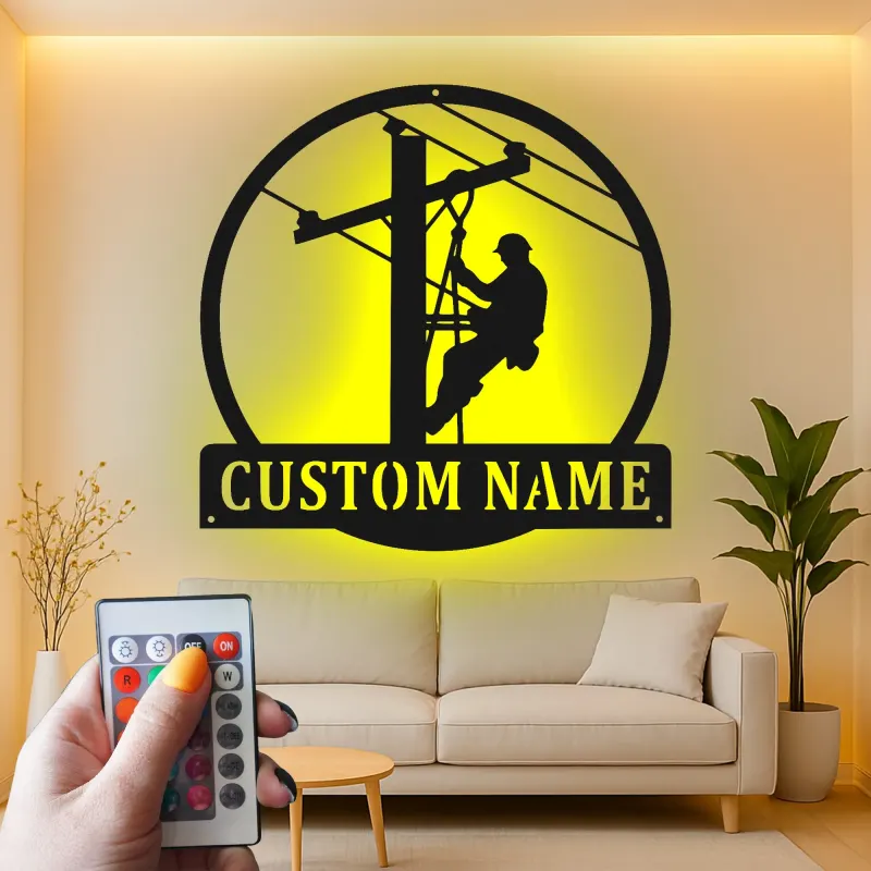 Arte da Parete in Metallo per Lineman | Insegna LED Personalizzata con Nome | Regalo Personalizzato per Elettricista | Decorazione per Lavoratori dei Servizi Pubblici