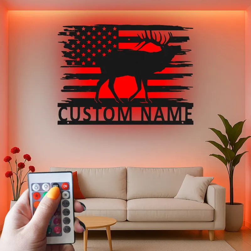 Décoration murale en métal LED élan drapeau américain personnalisée Cadeau pour chasseurs Décor de chalet rustique