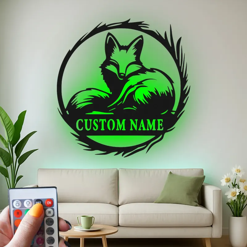 Enseigne renard LED en métal sur mesure | Décoration murale faune personnalisée | Décor rustique avec prénom pour chalet ou maison | Cadeau pour amoureux de la nature