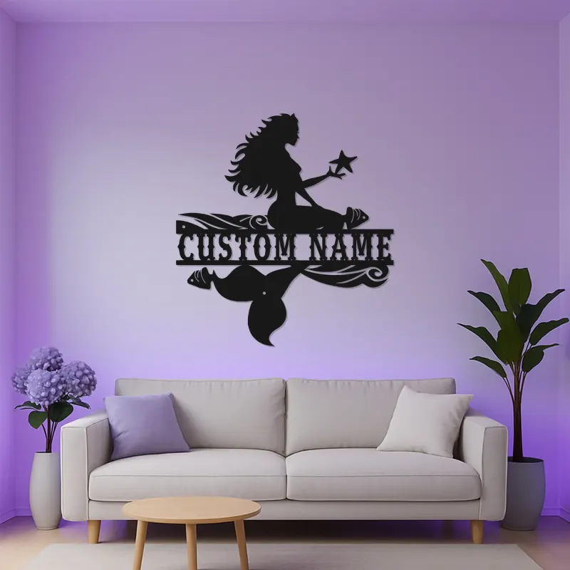 Panneau de sirène personnalisé | Lumière LED personnalisée | Décoration murale en métal pour chambre de fille | Décor de nursery nautique