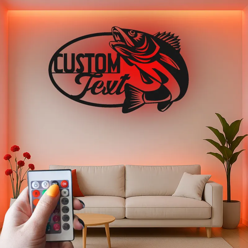 Enseigne de pêche sur mesure en métal | Décor LED avec prénom de pêcheur | Décoration rustique pour maison de lac, chalet et man cave