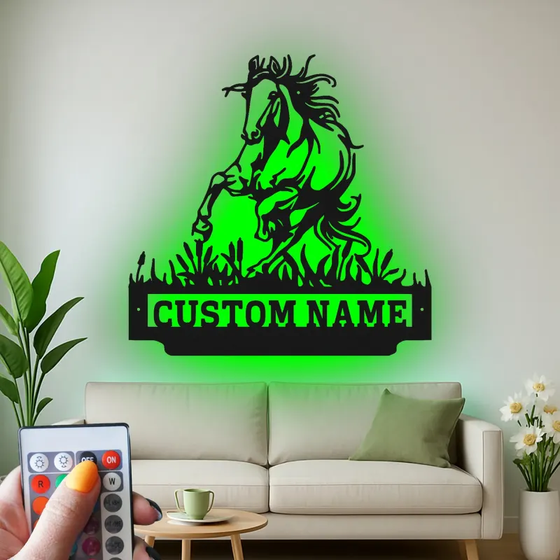 Custom Horse Metal Sign with LED | Personalized Equestrian Wall Art | Ranch Decor & Horse Lover Gift | Backlit Metal Signage