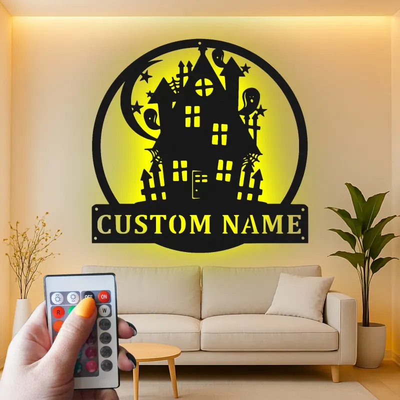 Letrero LED de casa encantada | Decoración mural de metal personalizada | Decoración de Halloween con apellido personalizado | Iluminación espeluznante para exterior y porche
