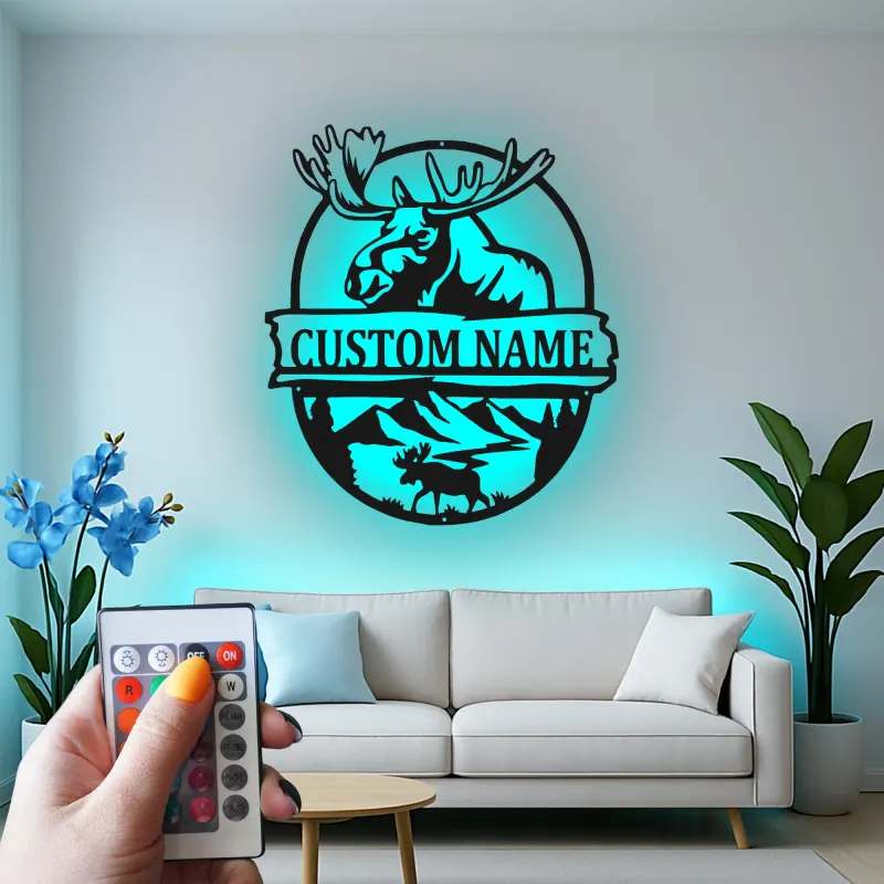 Insegna in metallo Bull Moose personalizzata | Arte murale illuminata con LED della fauna selvatica | Decorazione rustica per cabin e lodge | Regalo personalizzato per cacciatori