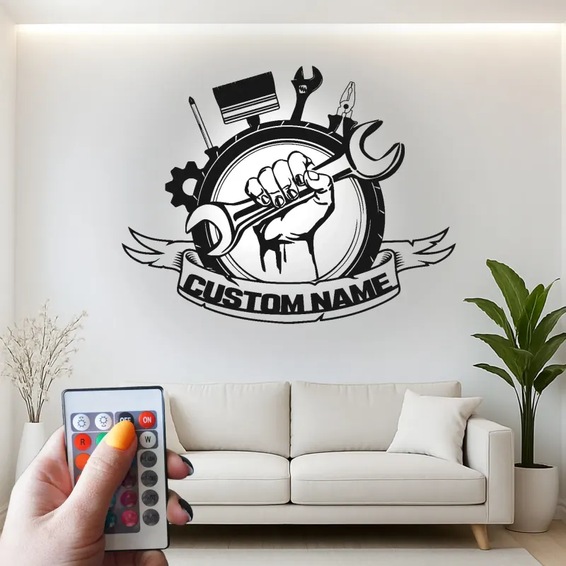 Cartel LED de Garaje Personalizado | Decoración Mural de Metal para Mecánicos | Mano Sosteniendo Llave Inglesa | Regalos para Él