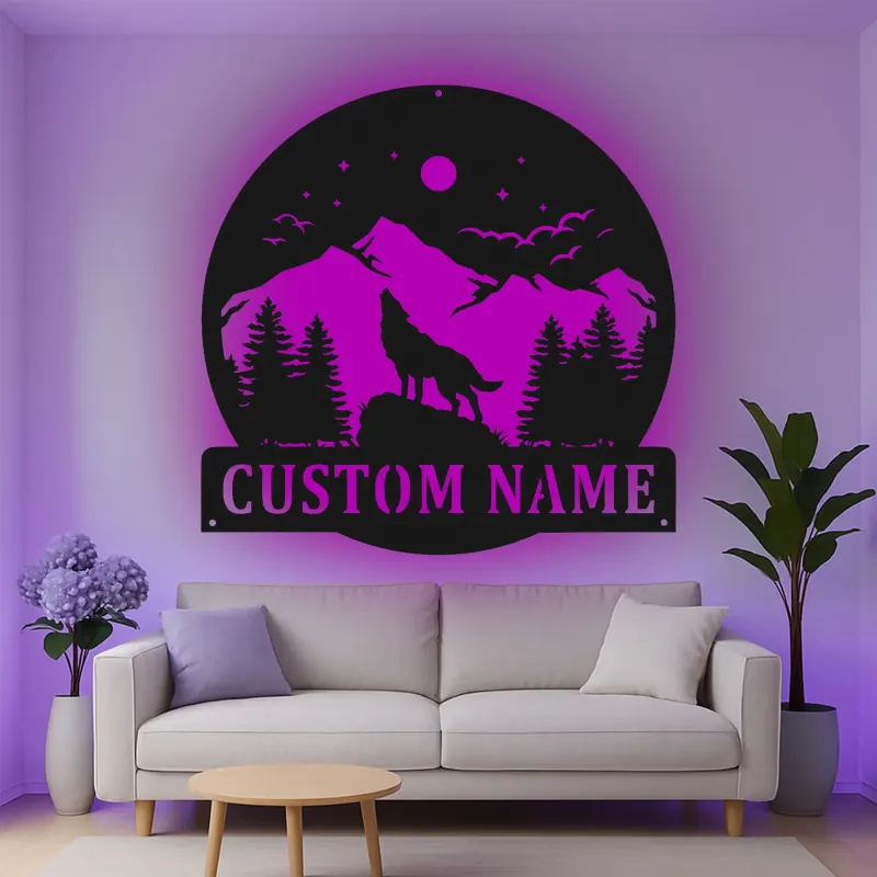 Custom Wolf Mountain Scene Led Light Metal Wall Art Personalized Gift for Nature Lovers Rustic Cabin Decor