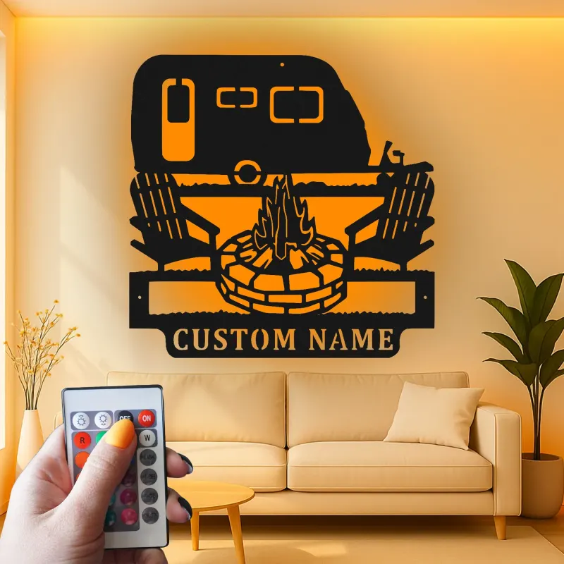 Cartel de metal LED Camper personalizado Regalo de camping para entusiastas del aire libre Decoración de patio de RV