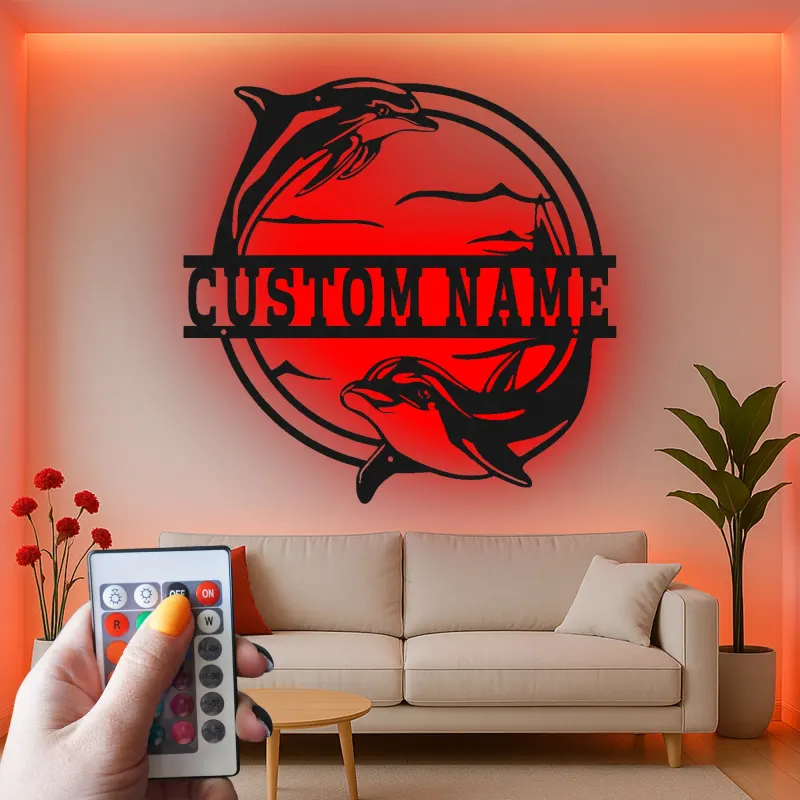 Cartel de metal personalizado con delfín y luz LED, regalo para amantes del océano, decoración para dormitorio o salón