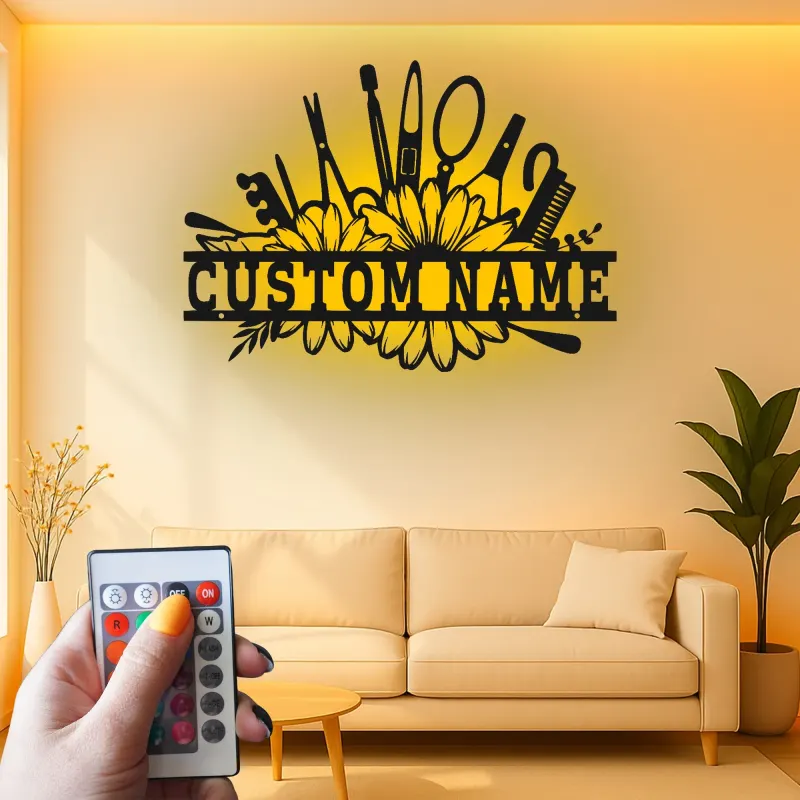 Enseigne de salon personnalisée | Décoration murale LED en métal pour coiffeur | Décor de studio beauté | Cadeau pour coiffeur