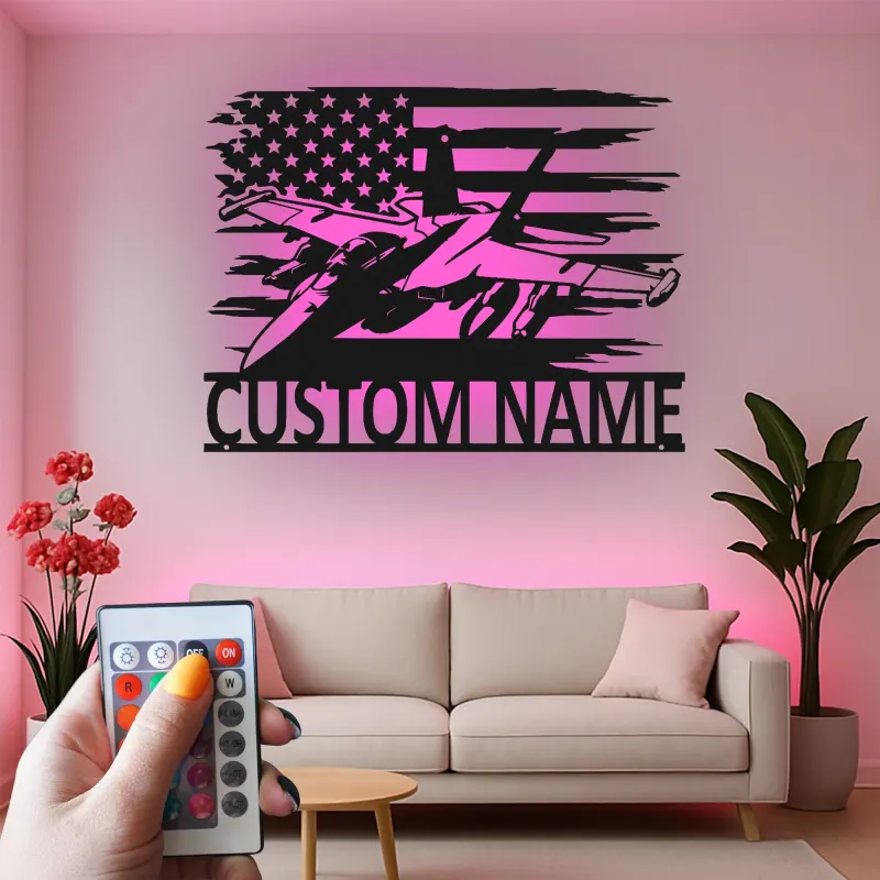 Insegna in metallo personalizzata con jet da combattimento | Arte murale LED personalizzata per pilota | Decorazione per sala hobby militare con bandiera USA