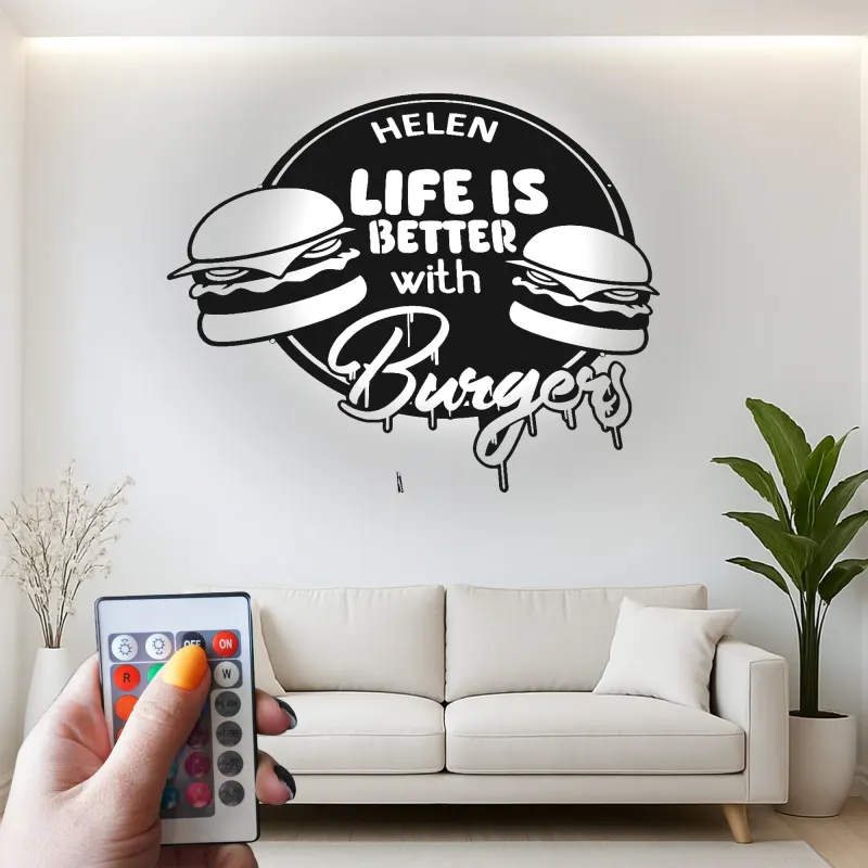 Insegna in metallo personalizzata con luce LED per amanti degli hamburger, regalo divertente per la cucina, decorazione per sala da pranzo