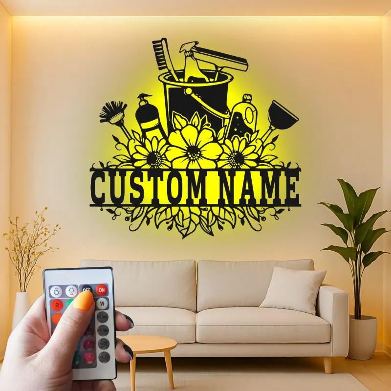 Custom Cleaning Supplies Led Light Metal Wall Art Housewarming Gift for Cleaners Laundry Room Decor