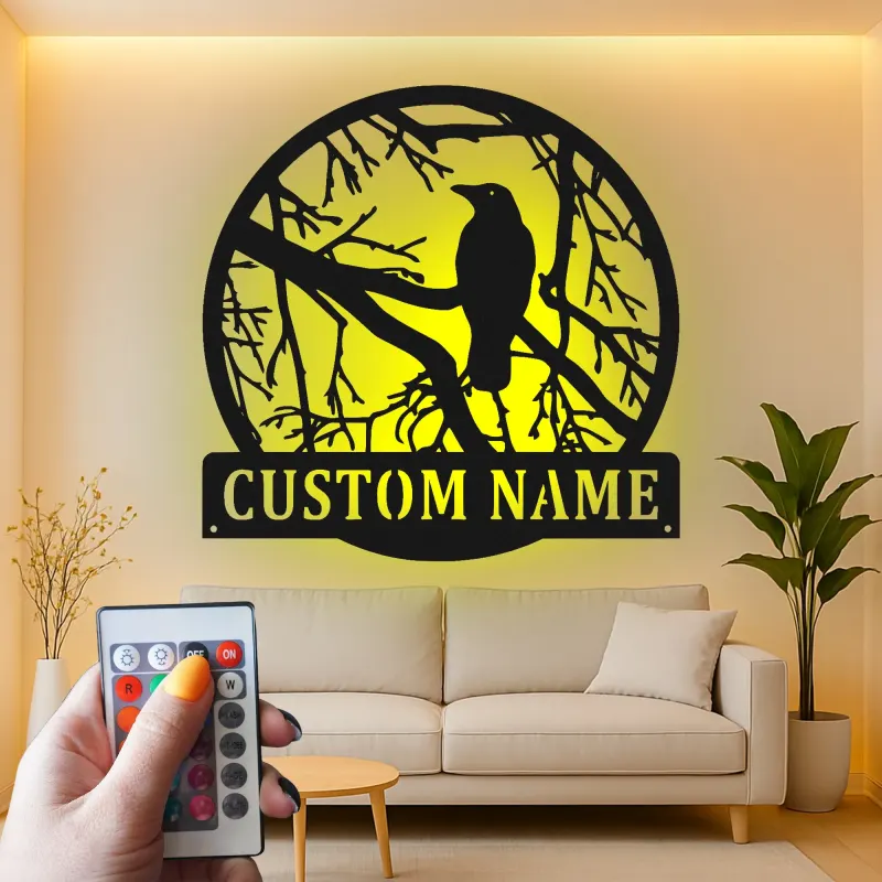 Custom Raven Metal Wall Art | Personalized LED Light Gothic Decor | Custom Name Sign for Home, Cabin or Studio