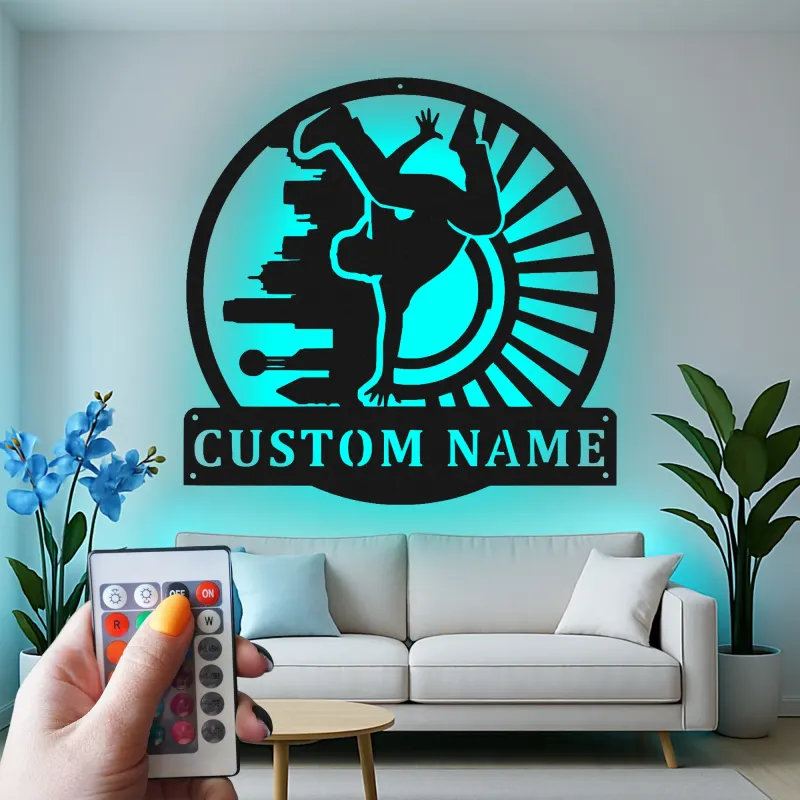 Décoration murale en métal personnalisée avec rétroéclairage LED de breakdance - Cadeau personnalisé pour les danseurs, décoration de studio de danse urbaine