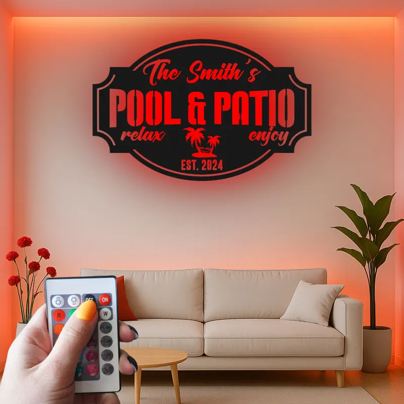 Custom Metal Pool Sign with LED | Personalized Patio & Bar Decor | Tropical Palm Tree Wall Art