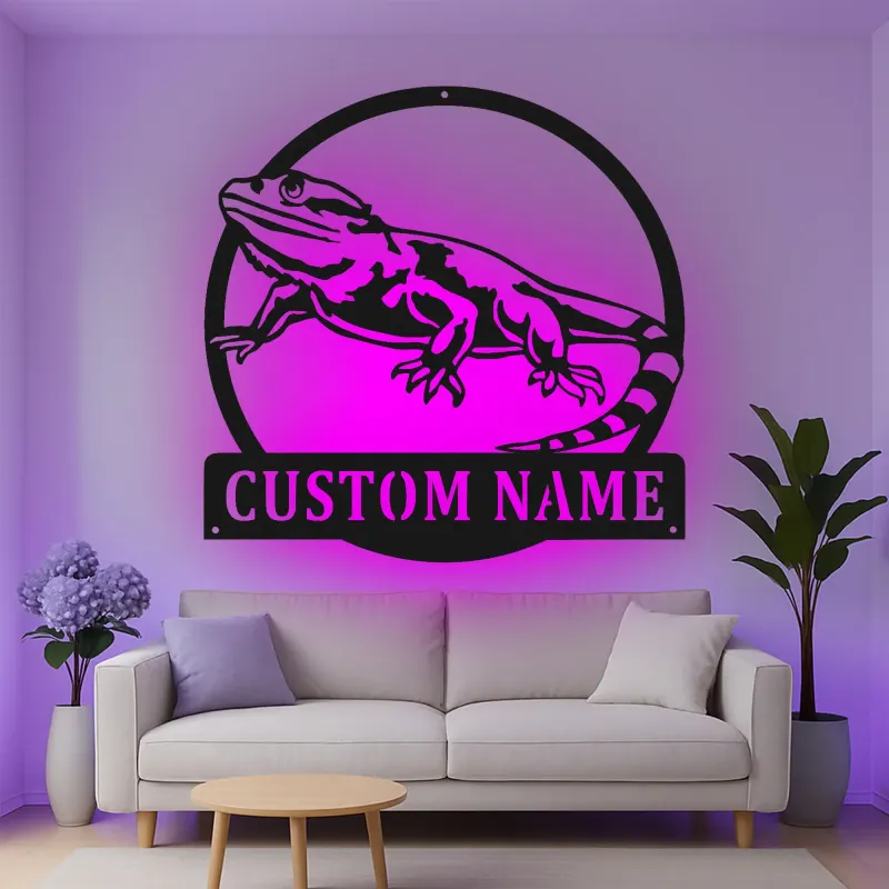 Cartel de metal personalizado con luz LED de dragón barbudo Regalo para amantes de reptiles Decoración de dormitorio o salón 3