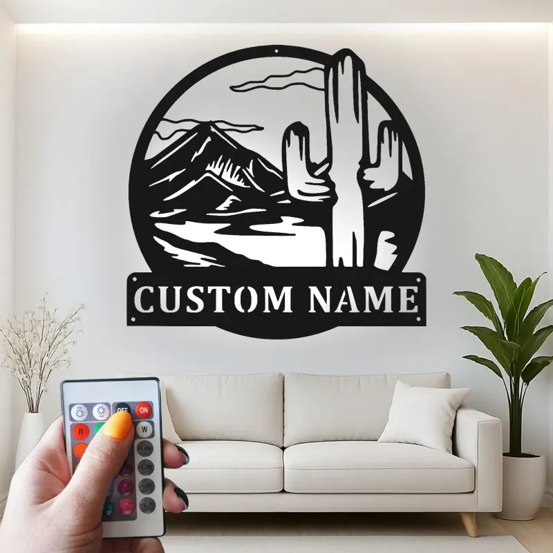 Décoration murale en métal personnalisée Cactus du désert avec rétroéclairage LED Cadeau du Sud-Ouest pour le salon ou la terrasse 2