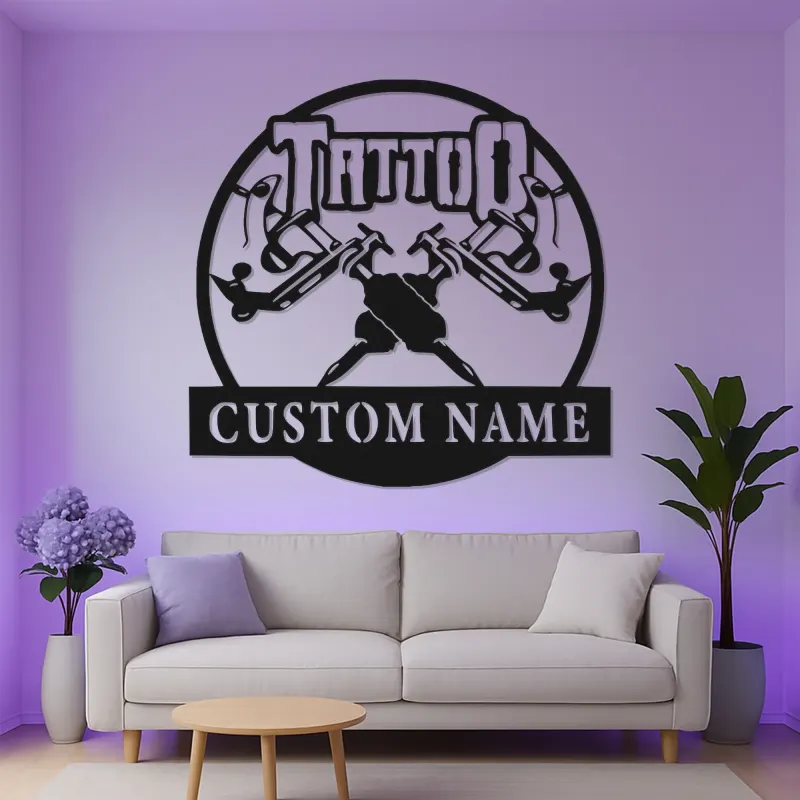 Custom LED Tattoo Shop Sign | Crossed Machines Metal Wall Art | Personalized Studio Decor | Unique Gift for Tattoo Artist