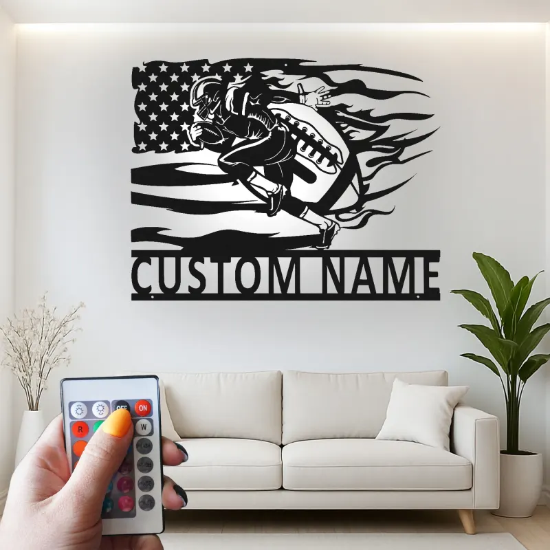 Cartel metálico personalizado de jugador de fútbol americano | Decoración mural LED para habitación infantil | Decoración deportiva con nombre a medida | Regalo para deportistas