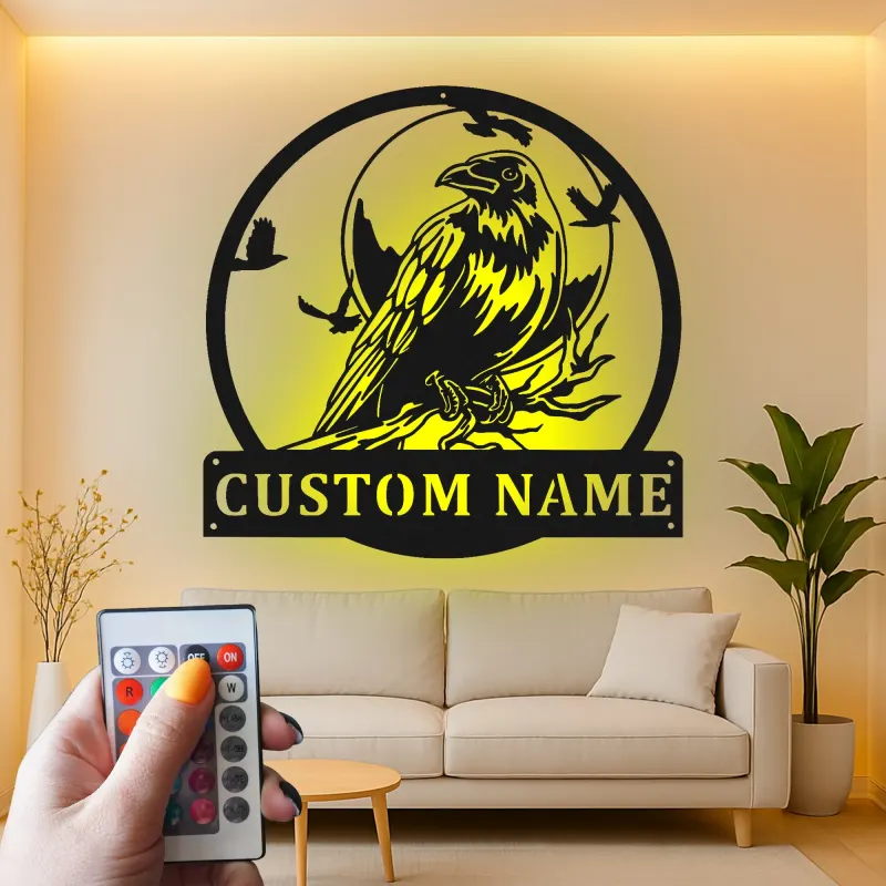 Décoration murale en métal personnalisée avec corbeau et rétroéclairage LED, cadeau pour les amoureux des oiseaux, décoration pour salon ou bureau