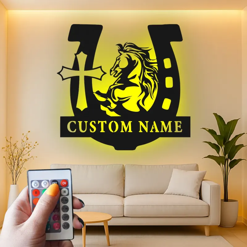 Personalized Horse & Cross LED Sign | Custom Horseshoe Metal Wall Art | Equestrian Gift for Rider | Barn, Stable & Ranch Decor