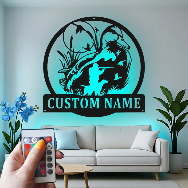 Insegna in metallo personalizzata con luce LED caccia anatre regalo per cacciatori decorazione per man cave o baita 1
