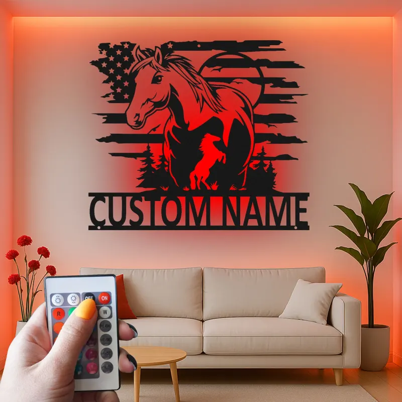 Panneau LED en métal personnalisé avec cheval | Décoration murale équestre | Décor de grange drapeau américain | Cadeau pour amoureux des chevaux