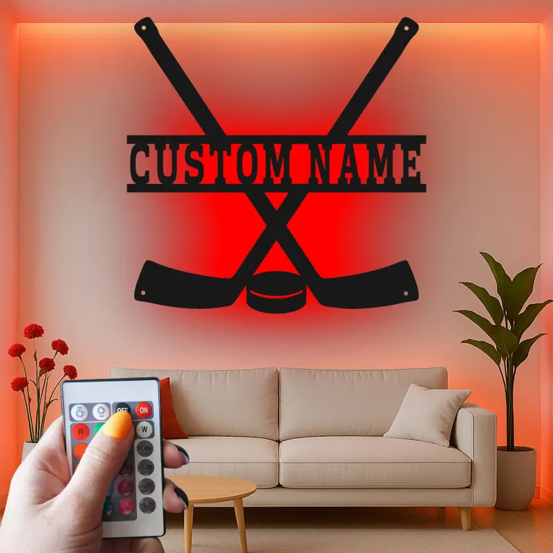 Panneau LED hockey personnalisé | Décoration murale en métal personnalisée | Déco salle de jeux et chambre ado | Cadeau pour joueur de hockey