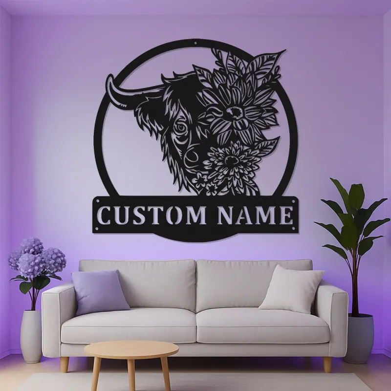 Décoration murale en métal Highland Cow | Plaque LED personnalisée pour maison de campagne | Cadeau floral pour salon