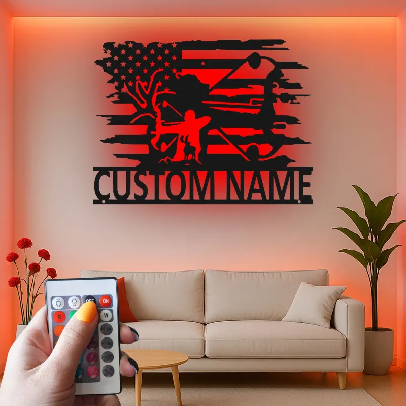 Insegna in metallo LED personalizzata per cacciatori di archi - Regalo per appassionati di tiro con l'arco - Decorazione per man cave o garage