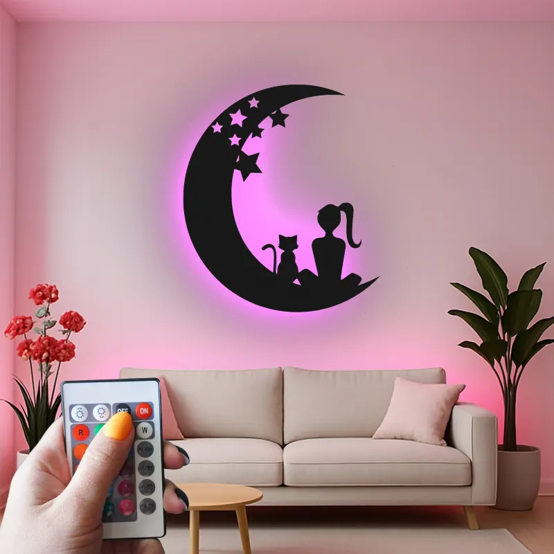 Art mural LED en métal Fille et chat | Panneau silhouette lune et étoiles | Déco rétroéclairée pour chambre bébé et chambre | Cadeau personnalisé pour amoureuse des chats