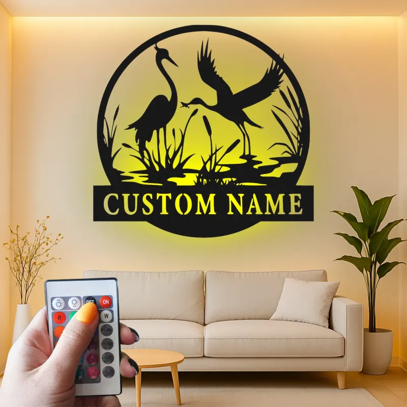 Art mural en métal LED personnalisé de grue | Panneau de nature personnalisé | Décor de maison au bord du lac | Cadeau faune