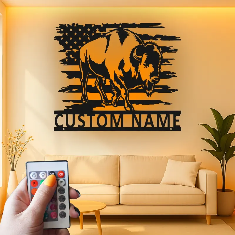 Custom Bison American Flag Led Light Metal Wall Art Personalized Patriotic Gift Rustic Home Decor