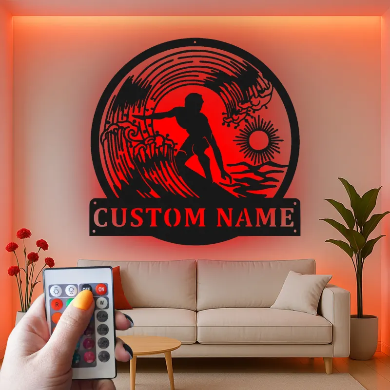 Personalized Surfer Light Metal Wall Art | Custom Name Sign for Beach House Decor | Coastal Surfing Gift