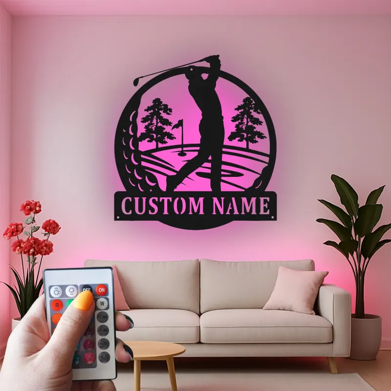 Insegna personalizzata con nome da golf | Decorazione murale LED in metallo per ufficio e man cave | Regalo personalizzato per golfista | Arredo per interni ed esterni