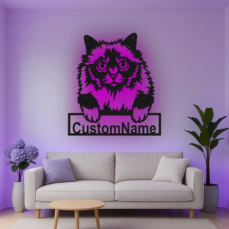 Cartel de metal LED de gato persa personalizado, regalo para amantes de mascotas, decoración para dormitorio o sala de estar