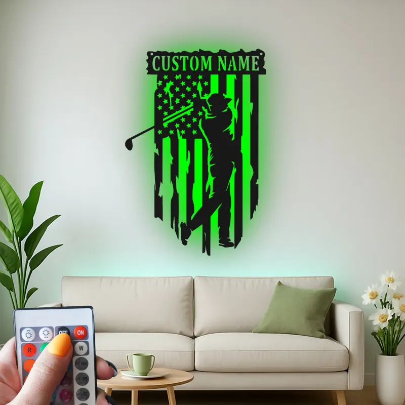 Enseigne en métal personnalisée pour golfeur | Décoration murale drapeau américain | Décor LED de golf pour man cave | Cadeau patriotique pour lui